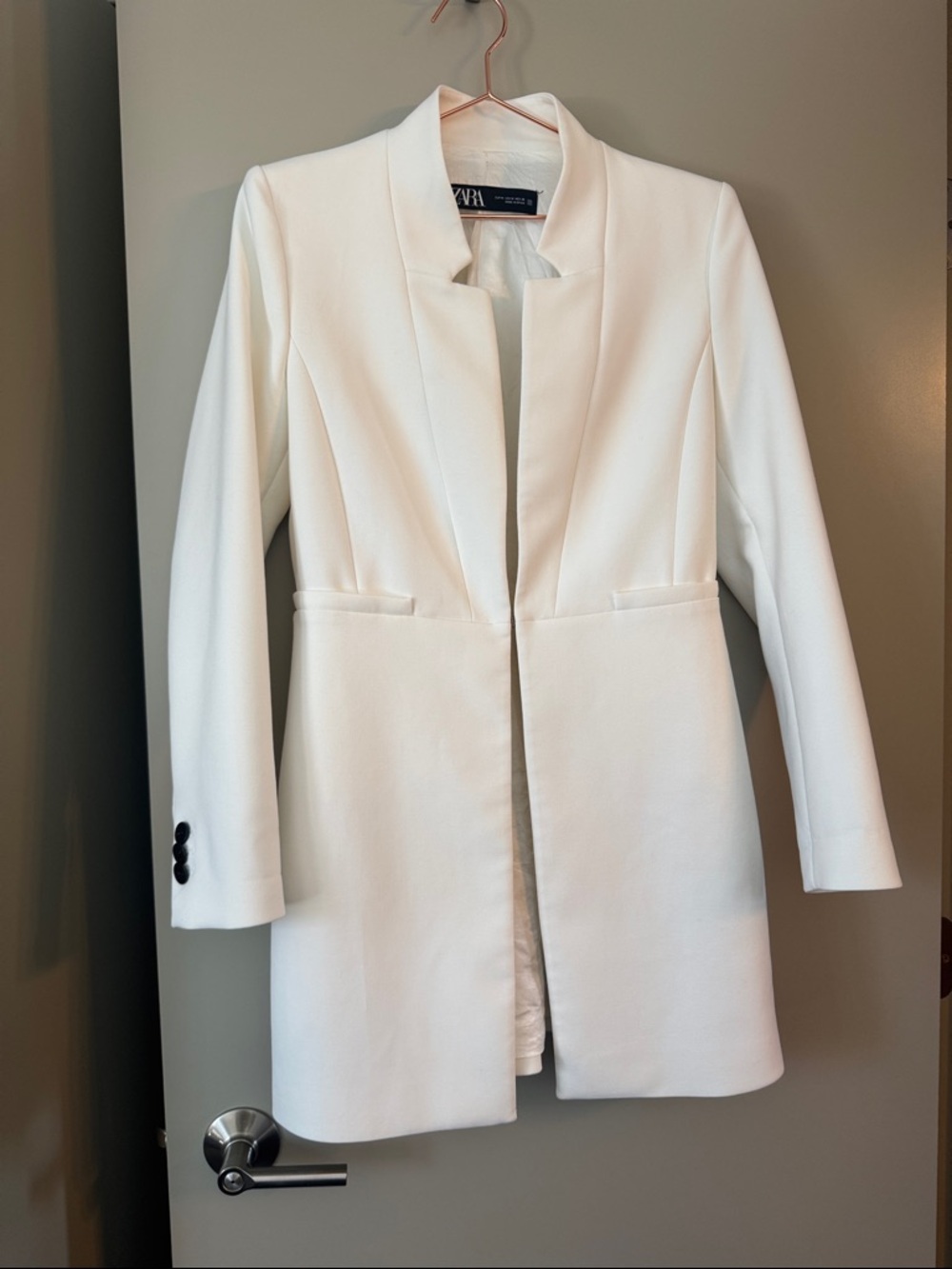 Zara Cream Collarless Longline Blazer Jacket Size M